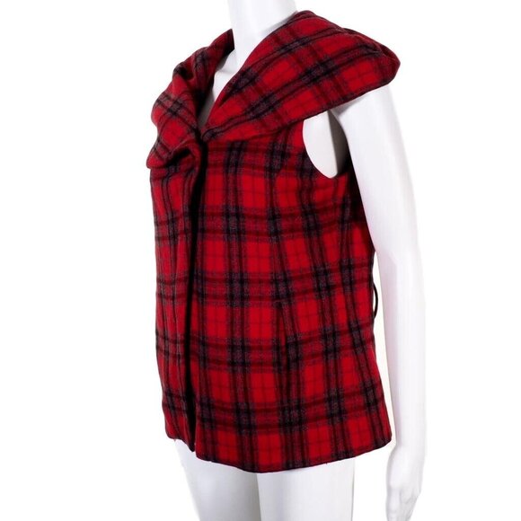 Chulo Pony Womens Large Vest Wool Blend Plaid Red Black Hooded Vintage Shawl Col - Picture 3 of 10
